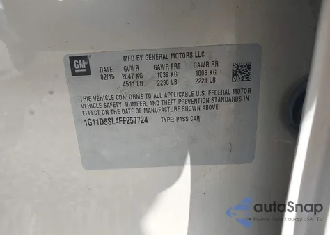 2015 Chevrolet Malibu 2Lt z USA, uszkodzony, nr VIN 1G11D5SL4FF257724